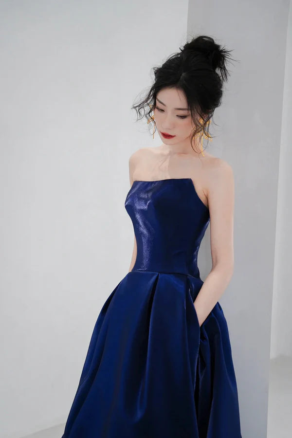 Blue Satin Long A-Line Prom Dress Simple Blue Evening Dress Formal Dress