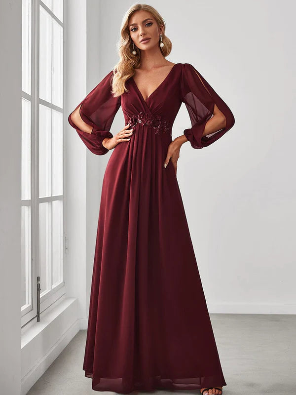 Elegant Chiffon V-Neckline Long Sleeve Formal Evening Dress