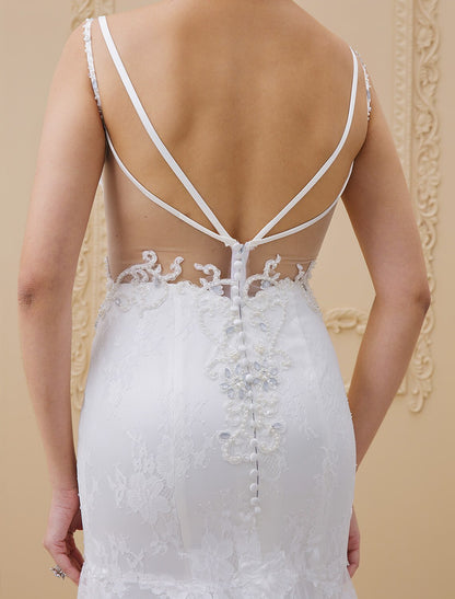 Mermaid / Trumpet Spaghetti Strap Chapel Train Beaded Lace Made-To-Measure Wedding Dresses