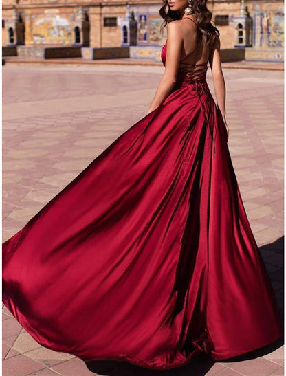 Women's Prom Party Dress Satin Dress New Year's Eve Dress Maxi long Dress Red Sleeveless Backless Split Fall Spring Deep V Cold Shoulder Party Elegant Party