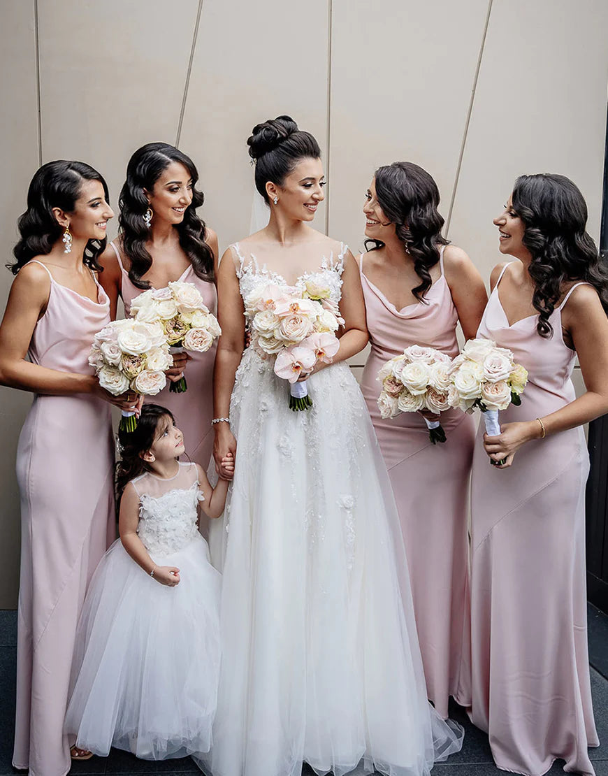 Pink Sheath-Column Spaghetti Straps Long Bridesmaid Dress