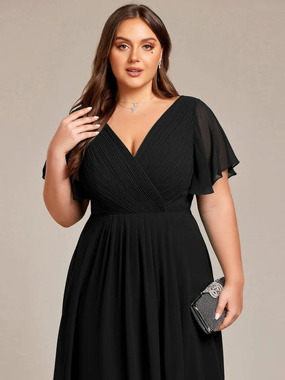 Plus Size Double V-Neck Ruffles Sleeve Chiffon Midi Wedding Guest Dressa/Evening Dresses