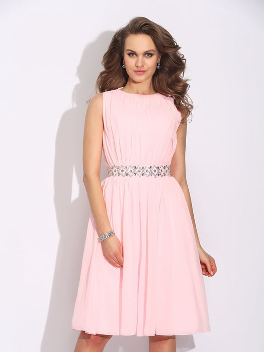 A-Line/Princess Jewel Ruffles Sleeveless Short Chiffon Dresses