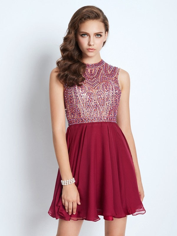 A-Line/Princess Jewel Sleeveless Chiffon Beading Short/Mini Dresses