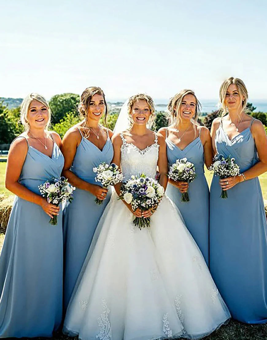 Sky Blue Spaghetti Straps Court Train Boho Bridesmaid Dress