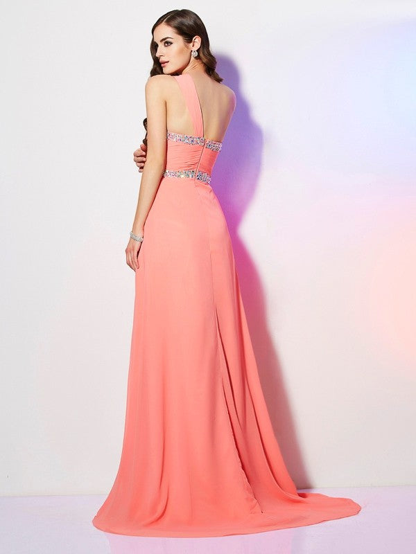 A-Line/Princess One-Shoulder Sleeveless Beading Long Chiffon Dresses