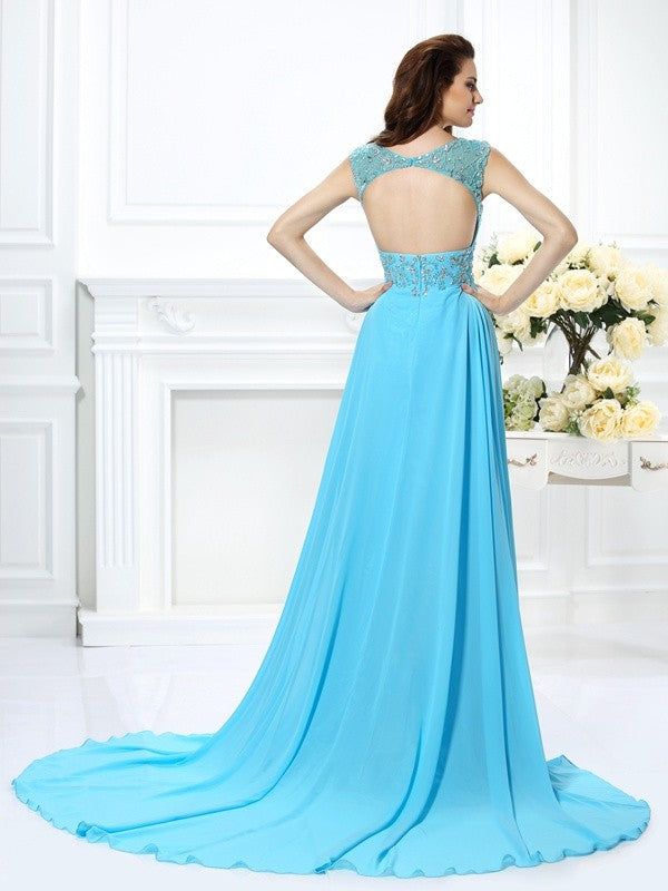 A-Line/Princess Scoop Beading Sleeveless Long Chiffon Dresses