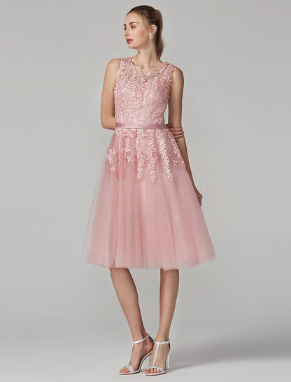 A-Line Cute Dress Cocktail Party Prom Knee Length Sleeveless Illusion Neck Tulle Over Lace with Beading Appliques