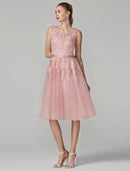 A-Line Cute Dress Cocktail Party Prom Knee Length Sleeveless Illusion Neck Tulle Over Lace with Beading Appliques