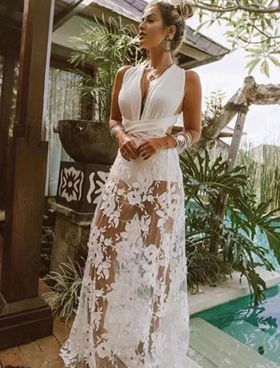 Women's Party Dress Lace Dress White Dress Long Dress Maxi Dress White Sleeveless Floral Lace Spring Summer V Neck Slim