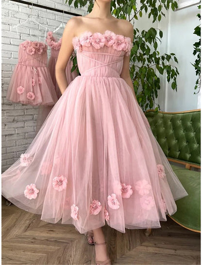 Women's Party Dress Homecoming Dress Cocktail Dress Midi Dress Pink Sleeveless Pure Color Mesh Spring Fall Winter Strapless Fashion Wedding Guest Birthday Vacation