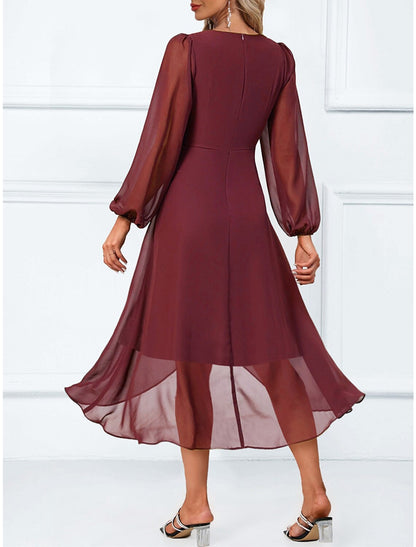 Women's Party Dress Cocktail Dress Wedding Guest Dress Midi Dress Wine Long Sleeve Plain Ruffle Spring Fall Winter V Neck Elegant Wedding Guest Spring Dress