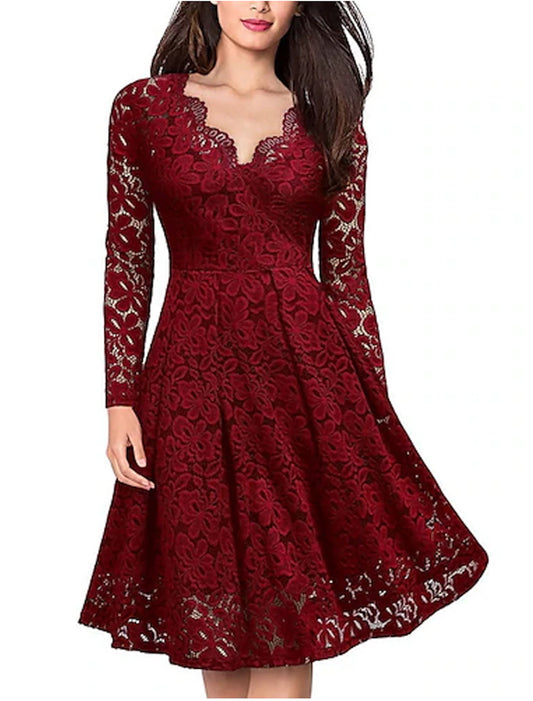 Women's Party Dress Wedding Guest Dress Lace Dress Dress Knee Length Dress Black Wine Navy Blue Long Sleeve Pure Color Lace Winter Fall Spring V Neck Elegant Winter Dress Office