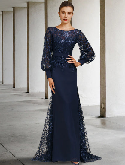 Mermaid / Trumpet Mother of the Bride Dress Wedding Guest Vintage Elegant Jewel Neck Sweep / Brush Train Chiffon Lace Long Sleeve with Sequin Ruffles Fall