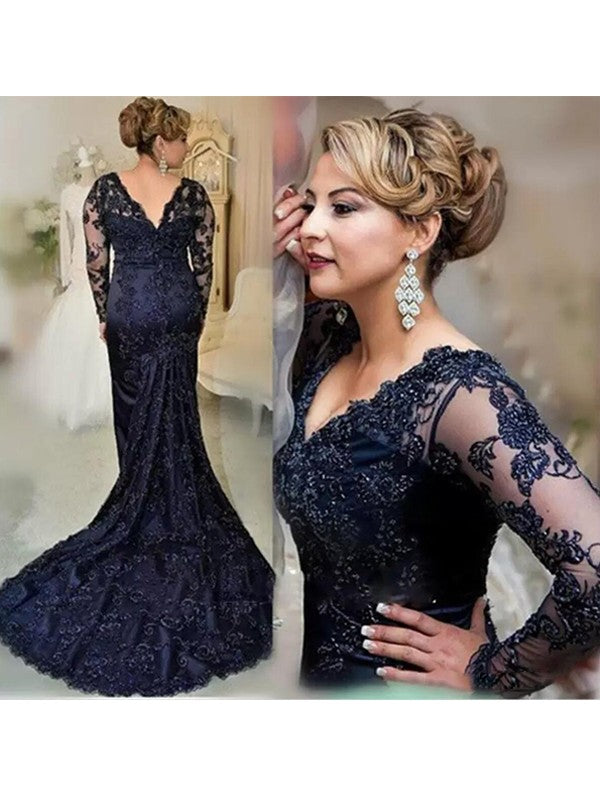 Sheath/Column Lace Applique V-neck Long Sleeves Sweep/Brush Train Mother of the Bride Dresses