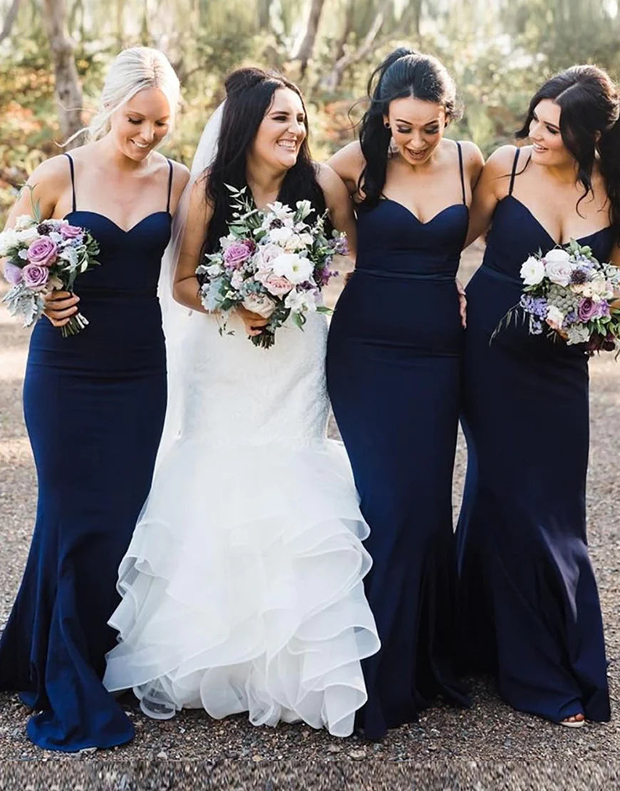 Navy Blue Mermaid Spaghetti Straps Long Bridesmaid Dress