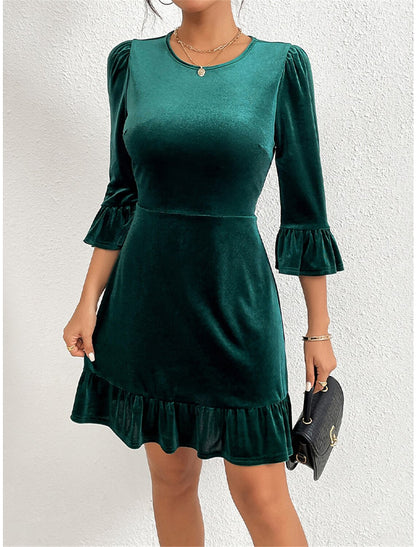 Women's Velvet Dress Green Christmas Party Dress Cocktail Dress Mini Dress Dark Green 3/4 Length Sleeve Pure Color Ruffle Spring Fall Winter Crew Neck Winter Dress