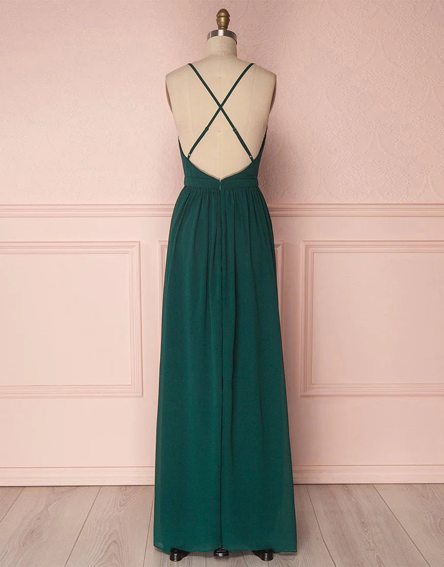 A-Line Spaghetti Straps Criss-Cross Back Chiffon Bridesmaid Dress