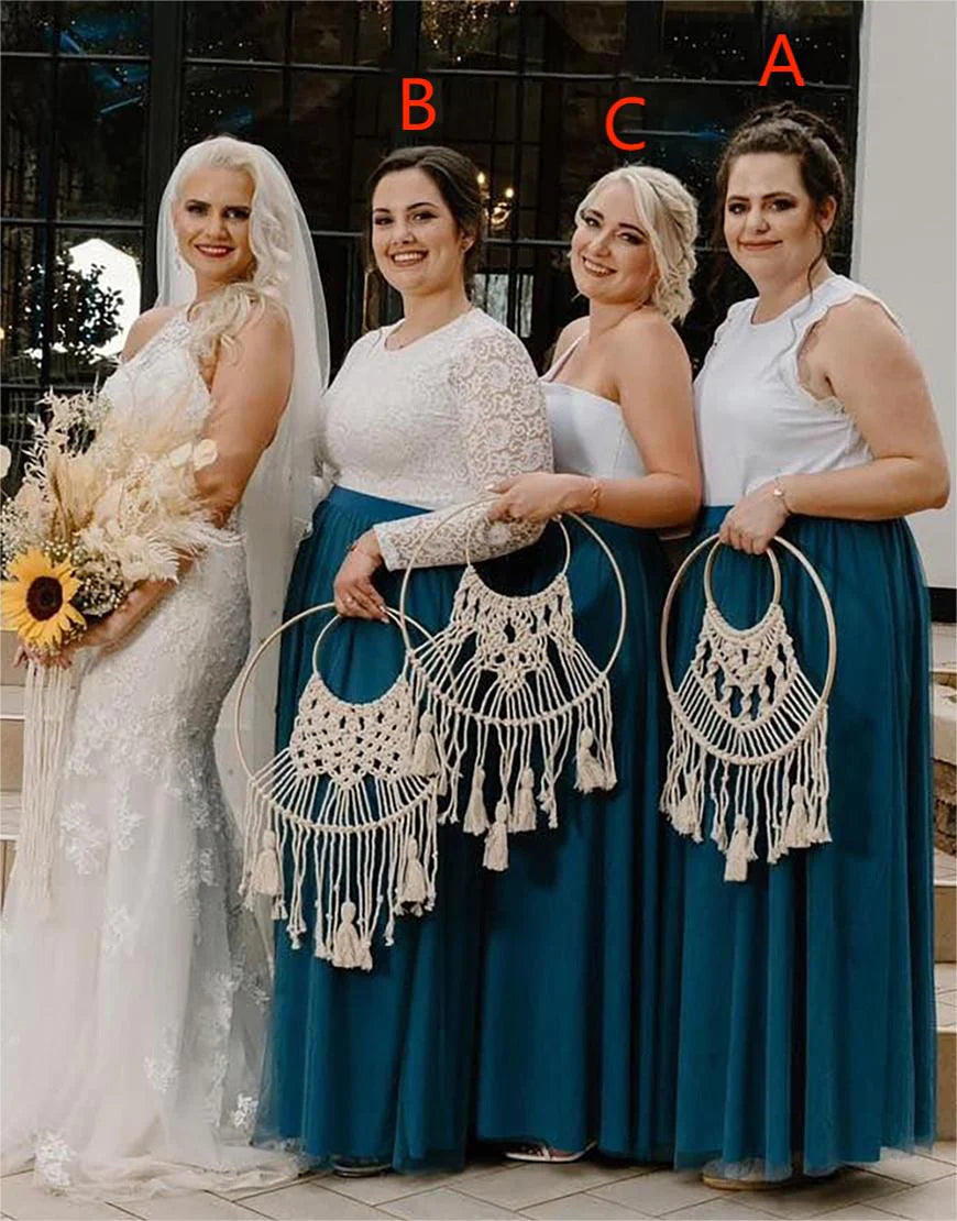 White Blue A-Line Round Neck Long Tulle Bridesmaid Dress