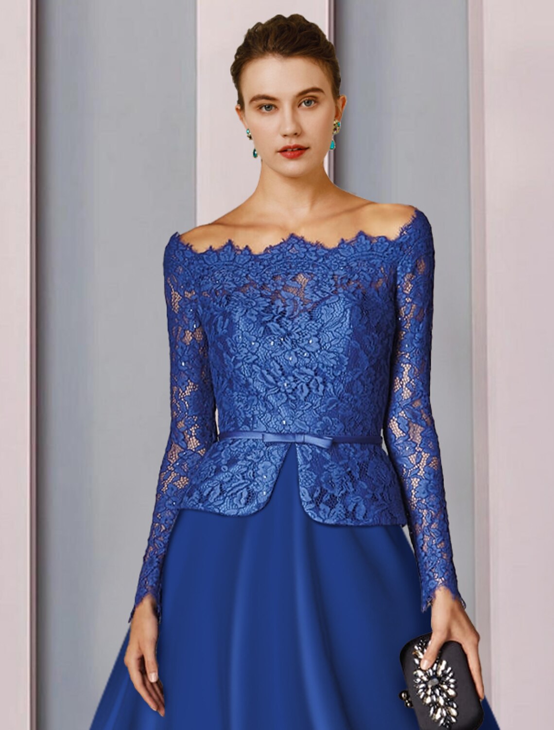 A-Line Mother of the Bride Dress Formal Church Party Elegant Off Shoulder Tea Length Satin Lace Long Sleeve with Bow(s)