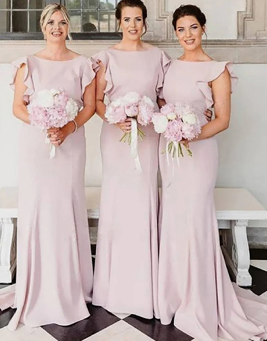 Sheath Ruffle Sleeves V-Back Long Bridesmaid Dress