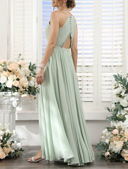 A-Line Bridesmaid Dress Halter Short Sleeve Elegant Floor Length Chiffon with Split Front / Ruching