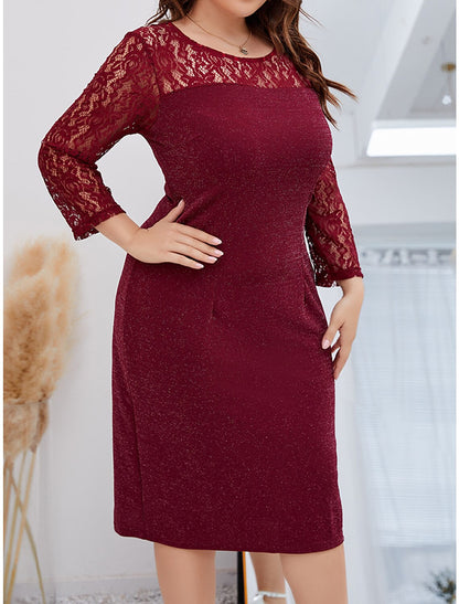 Women's Plus Size Party Dress Lace Dress Cocktail Dress Midi Dress Wine Long Sleeve Plain Lace Summer Spring Fall Crew Neck Elegant Wedding Guest Birthday Vacation