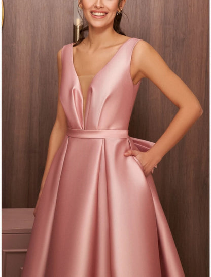 A-Line Cocktail Dresses Party Dress Wedding Wedding Guest Asymmetrical Sleeveless V Neck Satin with Bow(s) Pleats