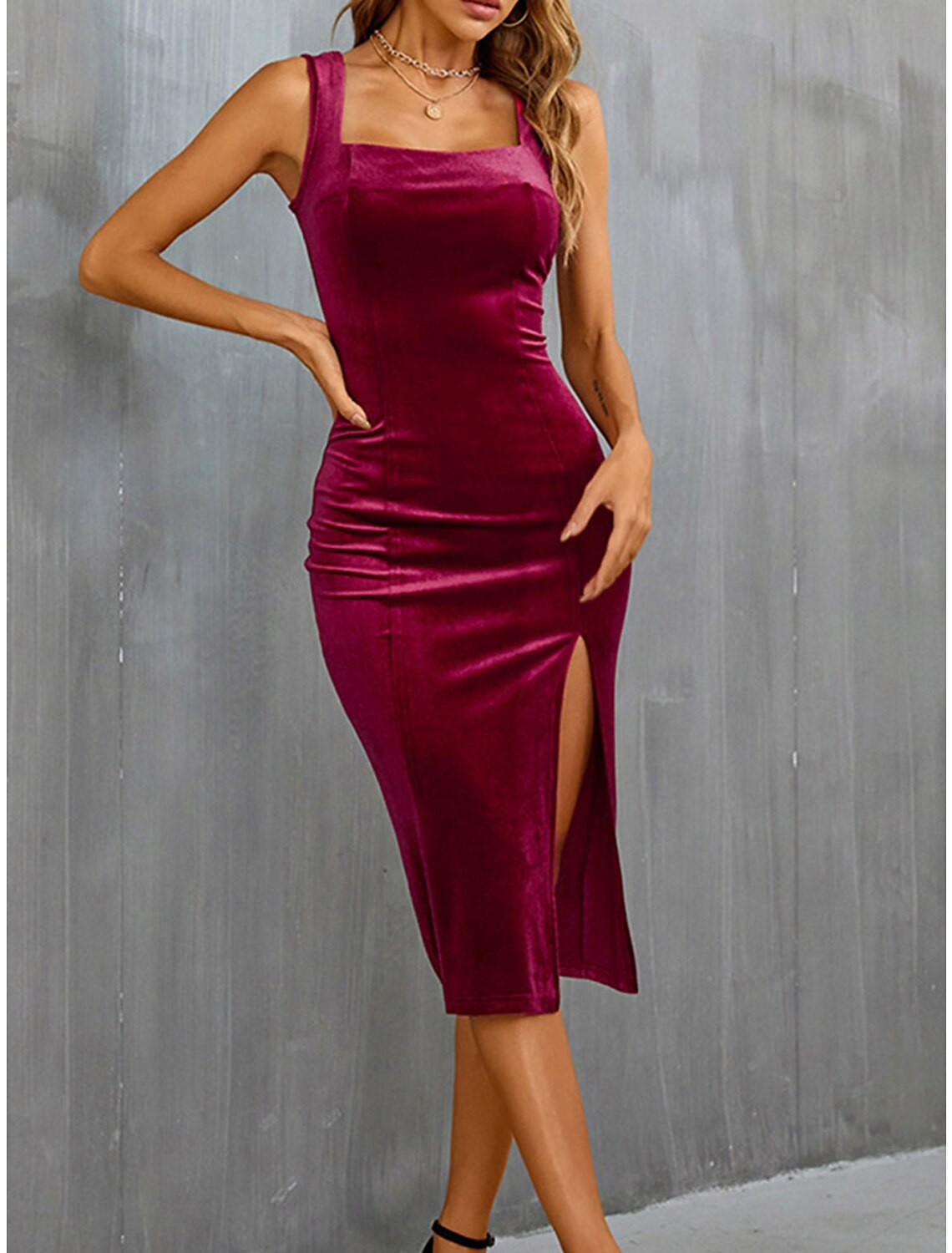 Women's Party Dress Black Velvet Dress Cocktail Dress Midi Dress Wine Red Army Green Sleeveless Pure Color Split Spring Fall Winter