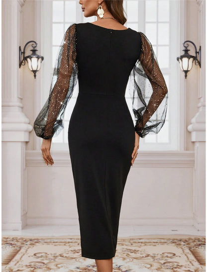 Women's Little Black Dress Party Dress Lace Dress Cocktail Dress Midi Dress Black Long Sleeve Pure Color Mesh Spring Fall Winter V Neck Fashion Winter Dress