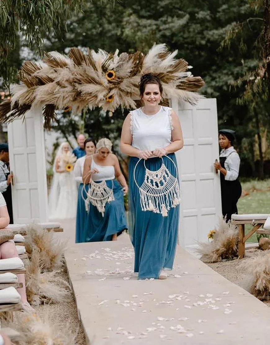 White Blue A-Line Round Neck Long Tulle Bridesmaid Dress