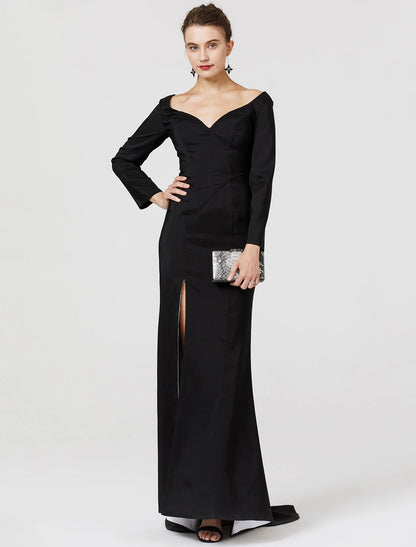 Sheath / Column Classic & Timeless Dress Holiday Cocktail Party Sweep / Brush Train Long Sleeve V Neck Stretch Satin with Split Front