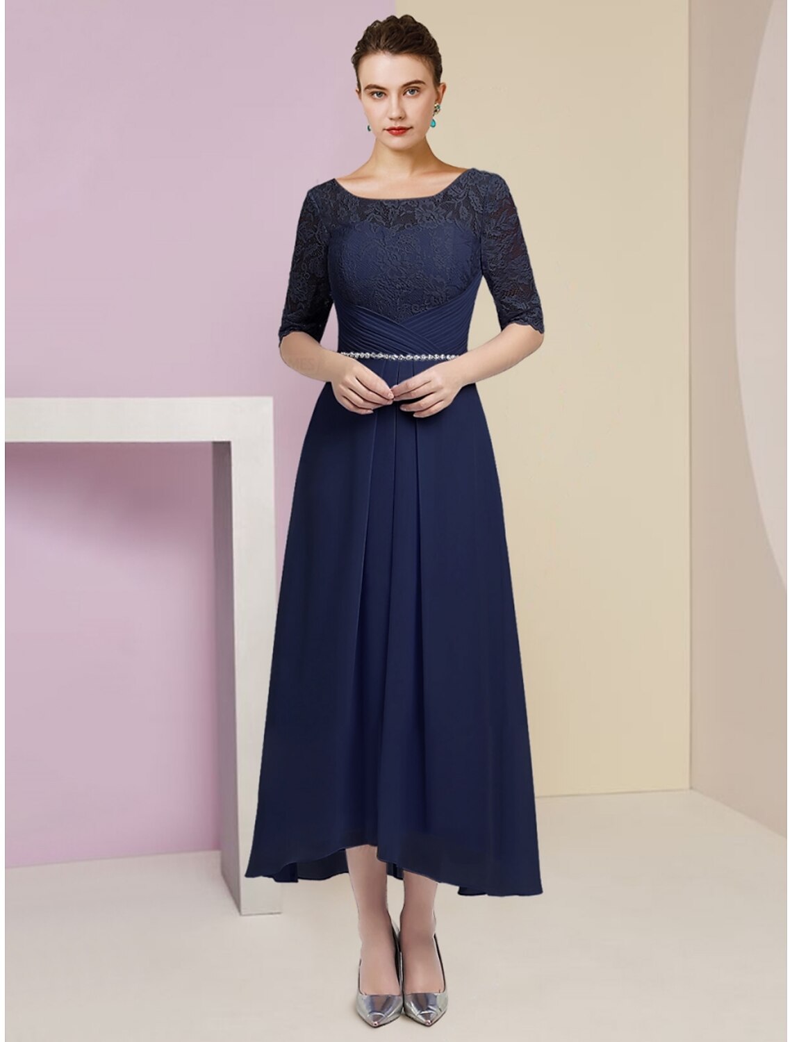 A-Line Mother of the Bride Dress Wedding Guest Elegant Scoop Neck Ankle Length Stretch Chiffon Half Sleeve with Crystals Ruching