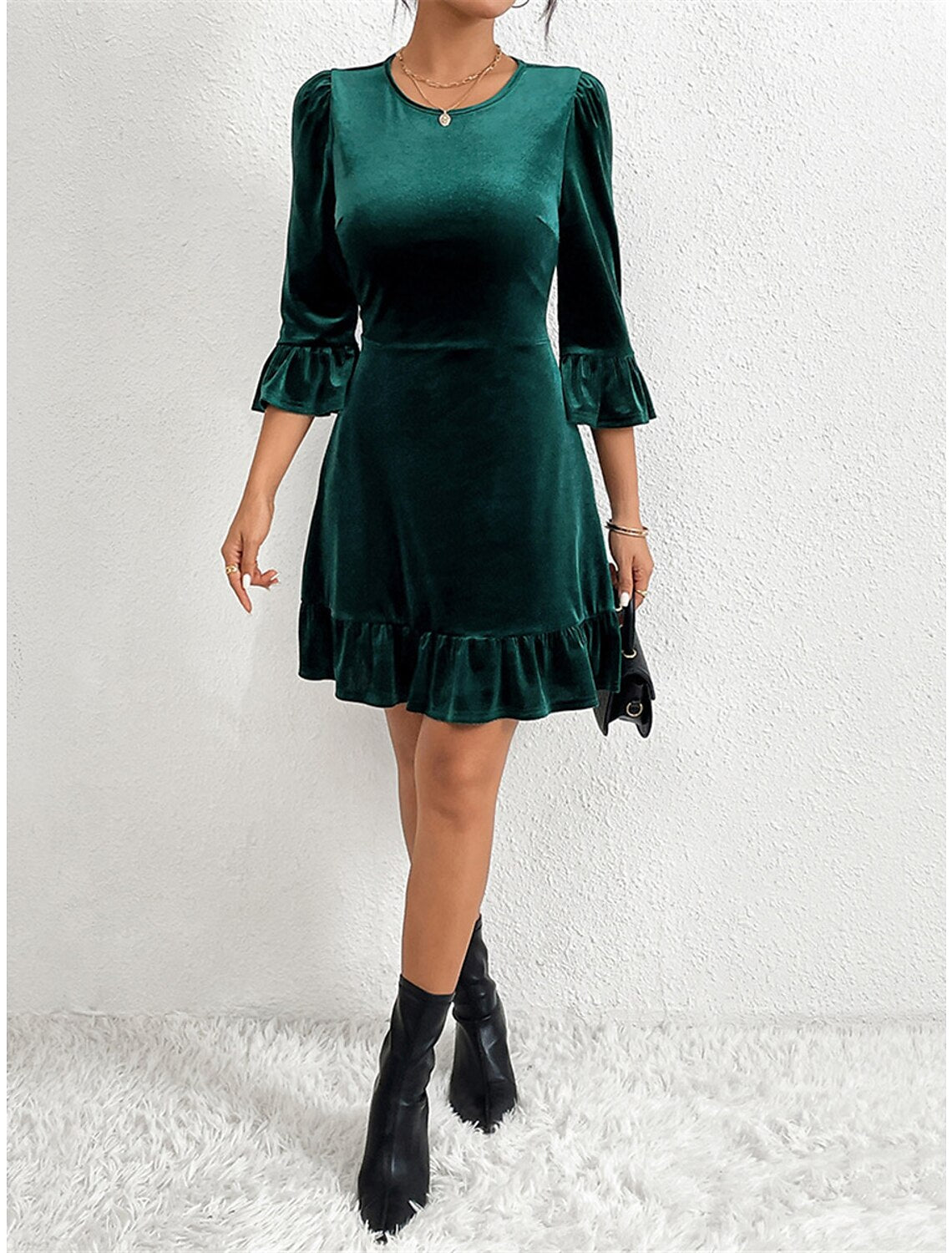 Women's Velvet Dress Green Christmas Party Dress Cocktail Dress Mini Dress Dark Green 3/4 Length Sleeve Pure Color Ruffle Spring Fall Winter Crew Neck Winter Dress