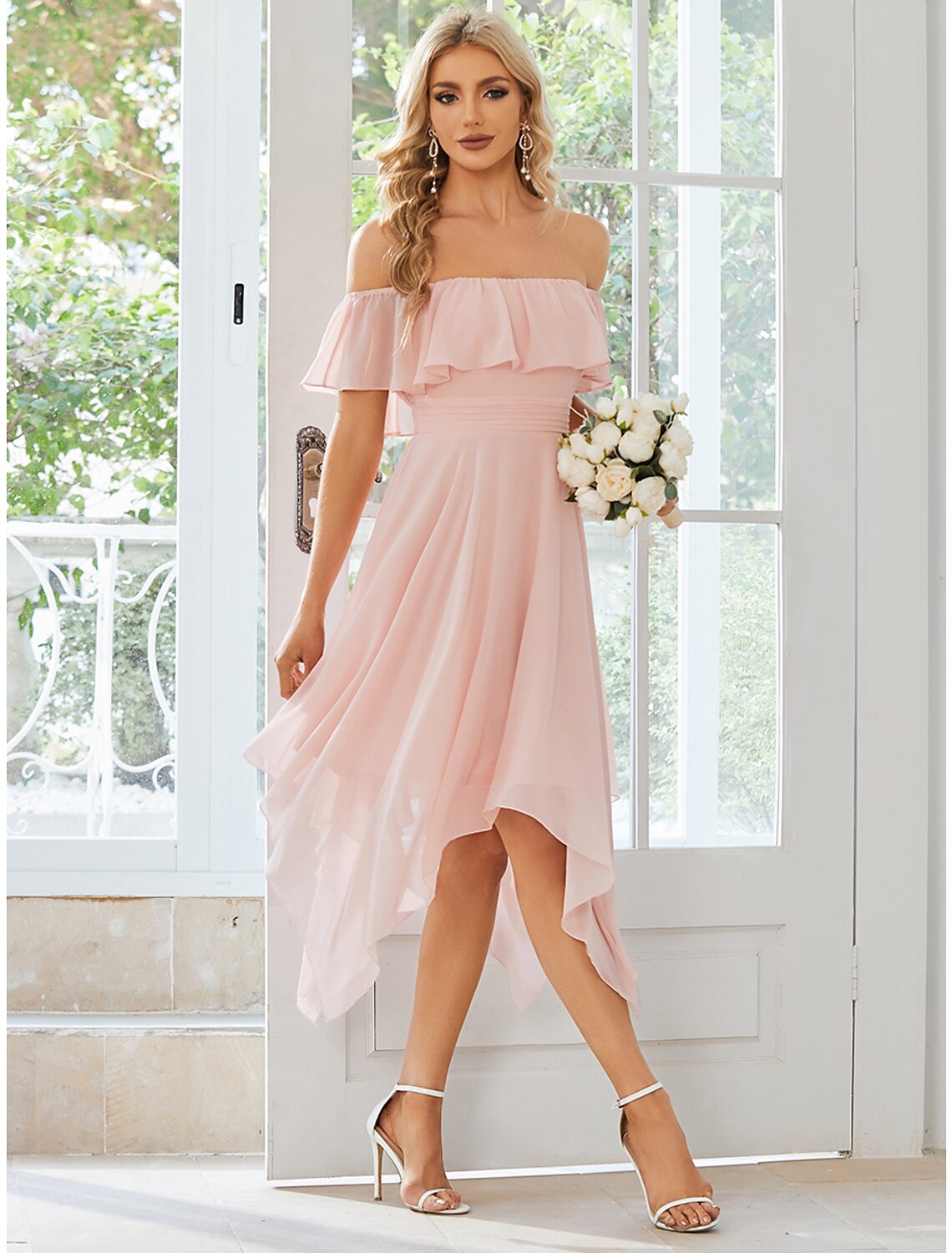 Women's Party Dress Homecoming Dress Wedding Guest Dress Midi Dress Pink Short Sleeve Pure Color Ruched Summer Spring Fall Off Shoulder Party Wedding Guest Birthday Vacatio