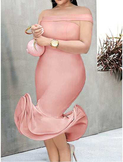 Women's Plus Size Curve Party Dress Cocktail Dress Bodycon Plain Midi Dress Sleeveless Ruffle Backless One Shoulder Fashion Party Pink Fall Winter