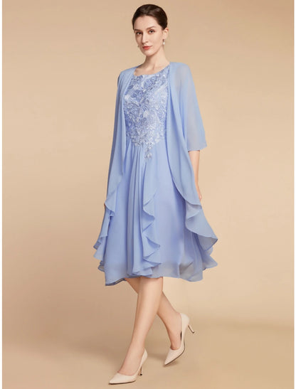 Two Piece Sheath / Column Mother of the Bride Dress Wedding Guest Elegant Petite Scoop Neck Knee Length Chiffon Lace Half Sleeve with Ruching Solid Color