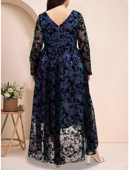 A-Line Plus Size Curve Mother of the Bride Dress Wedding Guest Plus Size Elegant V Neck Asymmetrical Ankle Length Lace Long Sleeve with Pleats