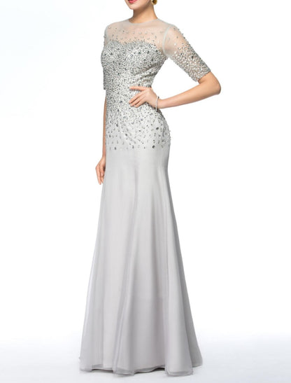 Sheath / Column Mother of the Bride Dress Elegant Jewel Neck Floor Length Chiffon Lace Half Sleeve with Beading Appliques