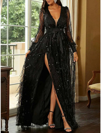 Women's Gold Sequin Dress Prom Dress Party Dress Sparkly Dress Black Dress Black Homecoming Dress Long Dress Maxi Dress Long Sleeve Fall Winter Deep V Modern Winter Dress Fall Dress