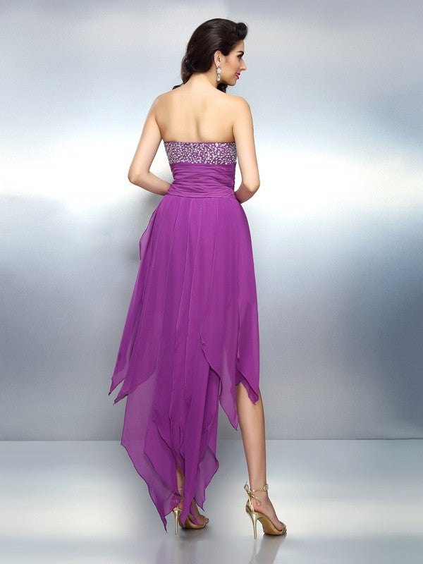 A-Line/Princess Strapless Beading Sleeveless High Low Chiffon Cocktail Dresses