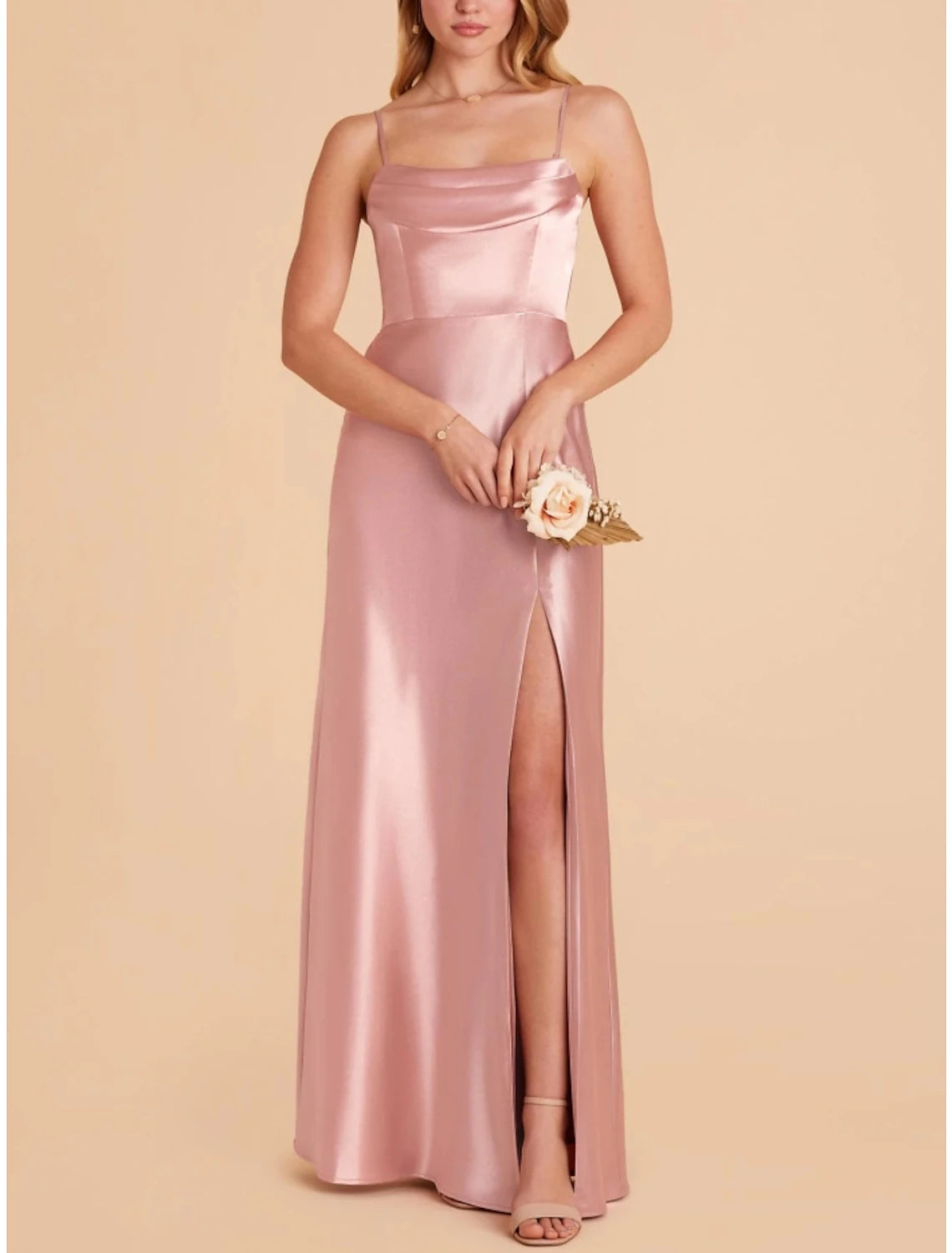 A-Line Bridesmaid Dress Spaghetti Strap Sleeveless Pink Ankle Length Stretch Satin with Split Front / Ruching