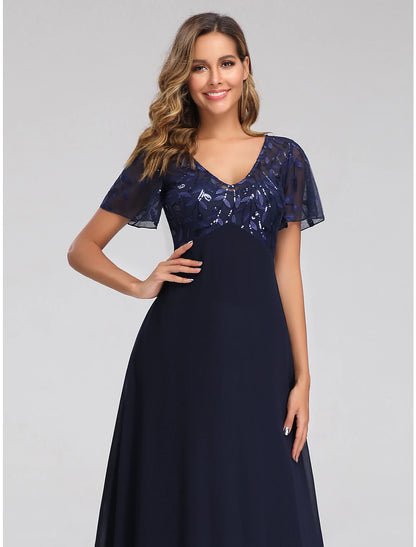 A-Line Wedding Guest Dresses Elegant Dress Fall Floor Length Short Sleeve V Neck Bridesmaid Dress Tulle with Sequin Appliques