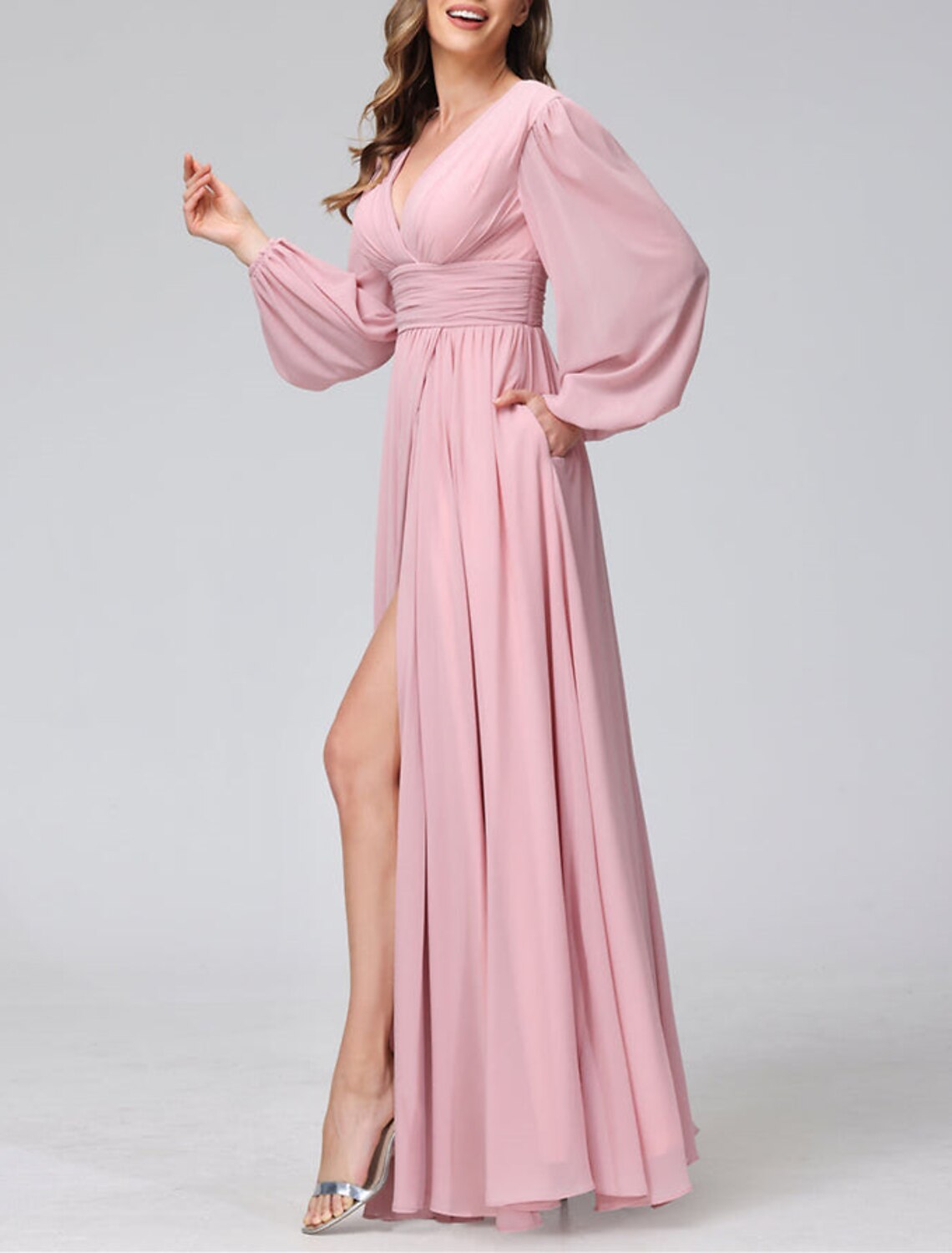 A-Line Bridesmaid Dress V Neck Long Sleeve Pink Floor Length Chiffon with Split Front / Ruching