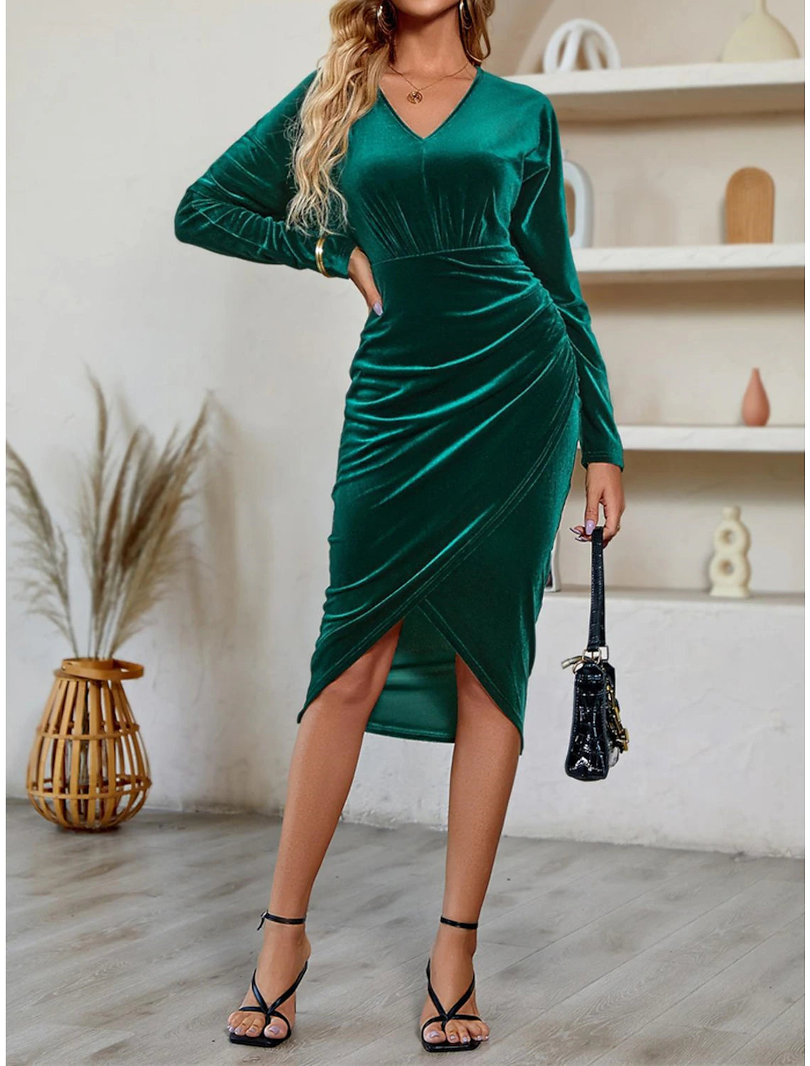 Women's Party Dress Velvet Dress Cocktail Dress Midi Dress Black Wine Dark Green Long Sleeve Pure Color Ruched Fall Winter Autumn V Neck Fashion Winter Dress Wedding Guest Birthday