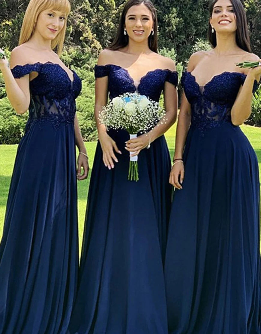 A-Line Off The Shoulder Sweep Train Bridesmaid Dress