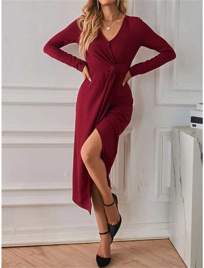 Women's Party Dress Red Christmas Dress Cocktail Dress Dress Midi Dress Wine Long Sleeve Pure Color Split Spring Fall Winter V Neck Winter Dress Christmas