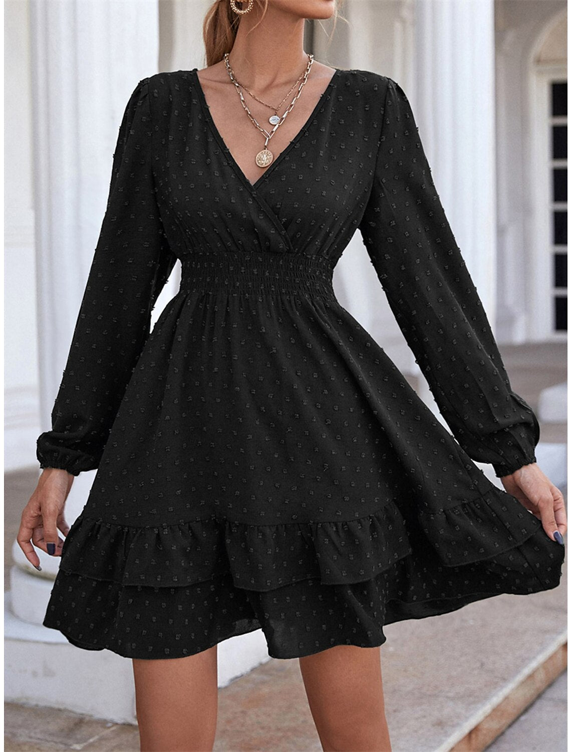 Women's Black Dress Party Dress Cocktail Dress Mini Dress Black White Pink Long Sleeve Plain Ruched Summer Spring Fall V Neck Elegant Wedding Guest Vacation Spring Dress