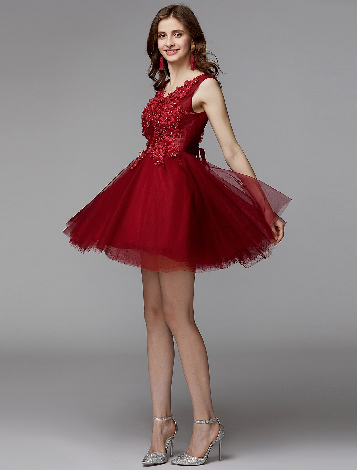 A-Line Party Dress Homecoming Graduation Short / Mini Sleeveless V Neck Lace Over Tulle with Crystals Appliques