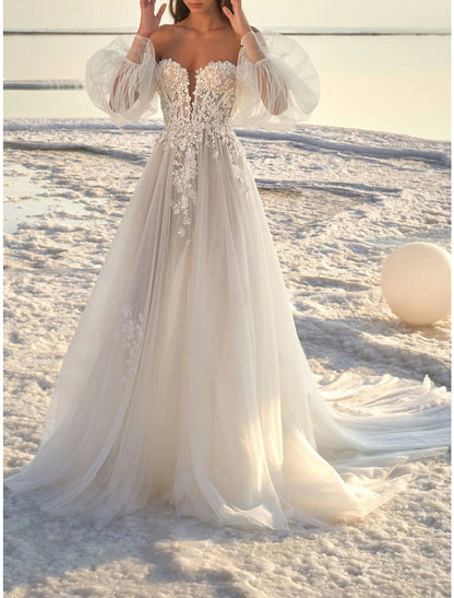 Beach Formal Wedding Dresses A-Line Off Shoulder Long Sleeve Court Train Lace Bridal Gowns With Appliques Summer Fall Wedding Party , Women's Clothing